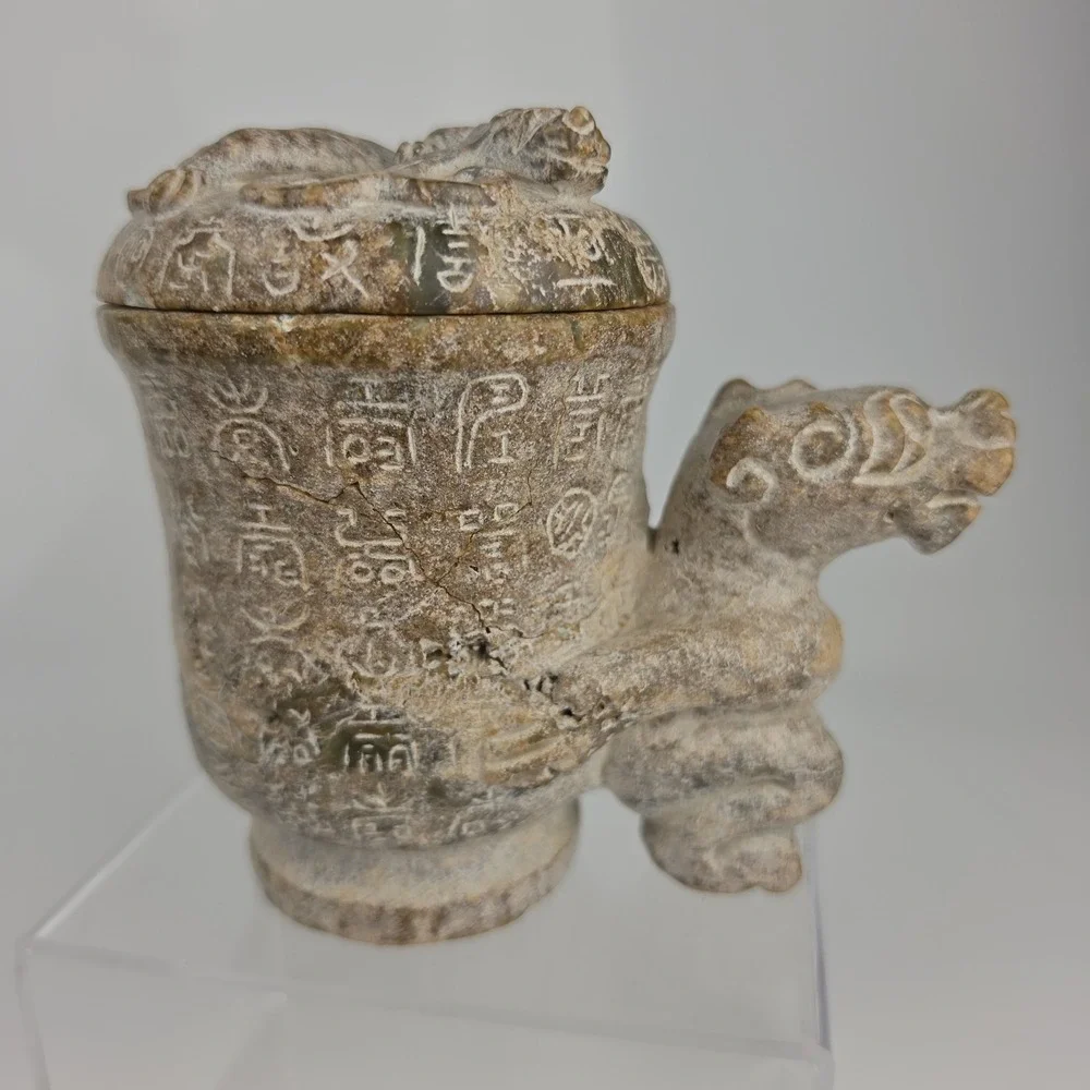 Chinese Carved Stone Gong Vessel Han Dynasty Style Dragon Lid Archaic READ